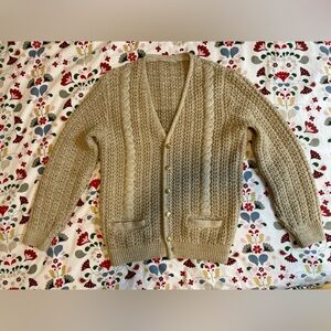 Hand-Knit Wool-Blend Beige Cardigan, Size M